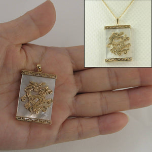 14k Yellow Gold Dragon & Greek Key White Mother of Pearl Pendant