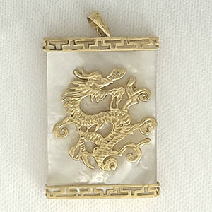14k Yellow Gold Dragon & Greek Key White Mother of Pearl Pendant