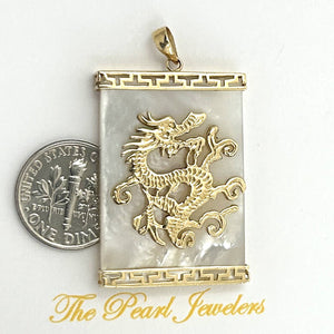 14k Yellow Gold Dragon & Greek Key White Mother of Pearl Pendant