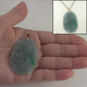 14k Yellow Gold Hand Carved Dragon & Phoenix Apple Green Jade Pendant