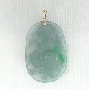 14k Yellow Gold Hand Carved Dragon & Phoenix Apple Green Jade Pendant