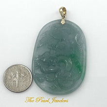 Load image into Gallery viewer, 14k Yellow Gold Hand Carved Dragon &amp; Phoenix Apple Green Jade Pendant