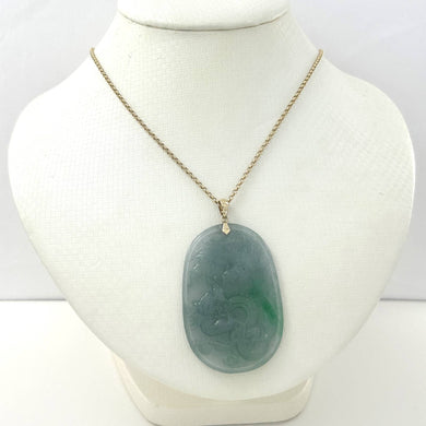 14k Yellow Gold Hand Carved Dragon & Phoenix Apple Green Jade Pendant