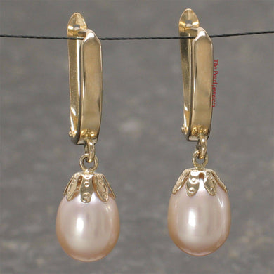 14k Yellow Gold Euro Back Pink Pearl Dangle Earrings