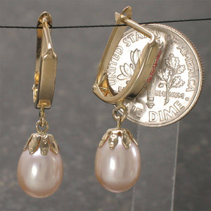 14k Yellow Gold Euro Back Pink Pearl Dangle Earrings