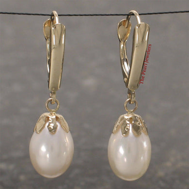 14K Yellow Gold Euro Back White Pearl Dangle Earrings