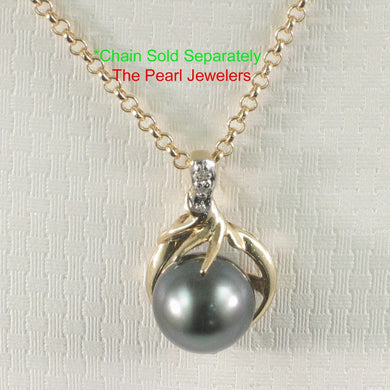 14k Yellow Gold Feather Black Tahitian Pearl & Diamond Pendant