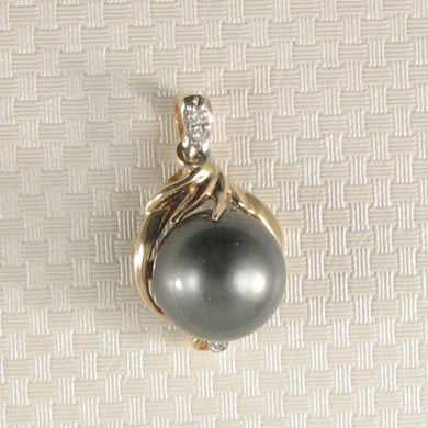 14k Yellow Gold Feather Black Tahitian Pearl & Diamond Pendant