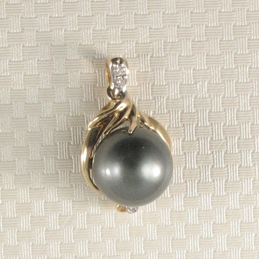 14k Yellow Gold Feather Black Tahitian Pearl & Diamond Pendant