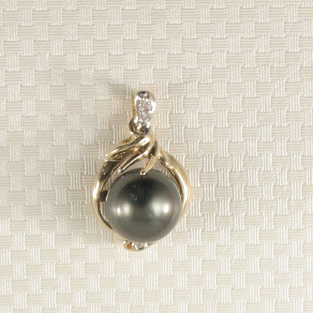 14k Yellow Gold Feather Diamond Black Tahitian Pearl Pendant