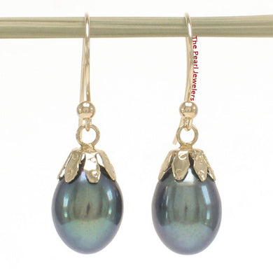 14K Yellow Gold Fish Hook Black Pearl Claw Earrings (7.5–8mm)