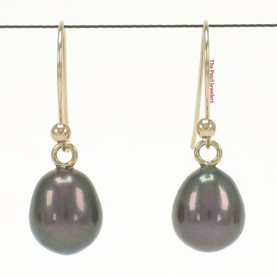 14K Yellow Gold Black Pearl Fish Hook Dangle Earrings