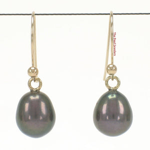 14K Yellow Gold Black Pearl Fish Hook Dangle Earrings