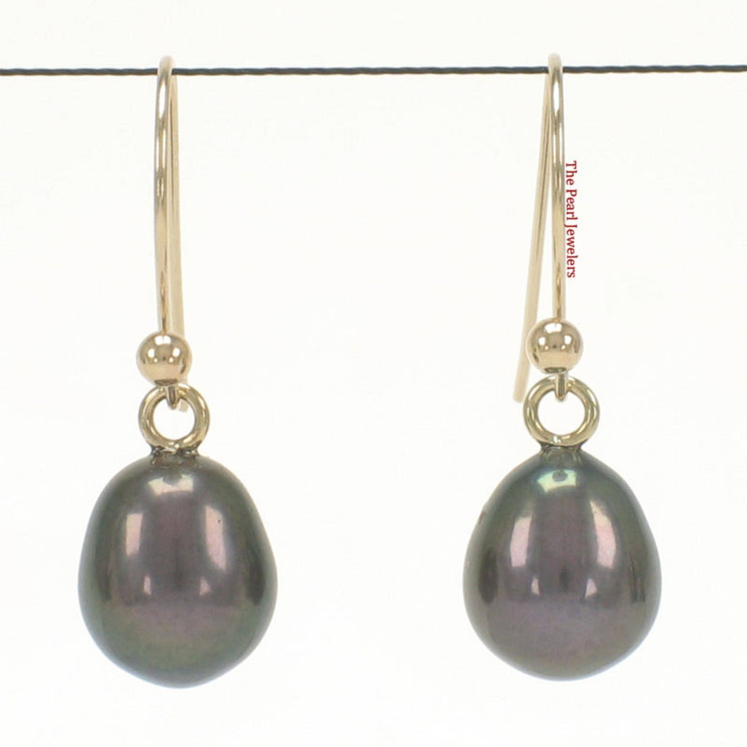 14K Yellow Gold Black Pearl Fish Hook Dangle Earrings