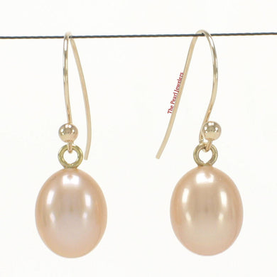 14K Yellow Gold Pink Pearl Fish Hook Dangle Earrings