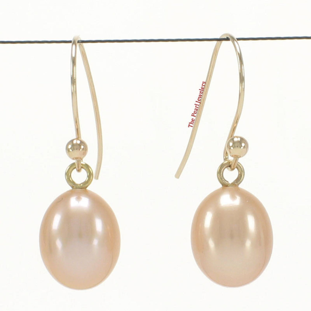 14K Yellow Gold Pink Pearl Fish Hook Dangle Earrings