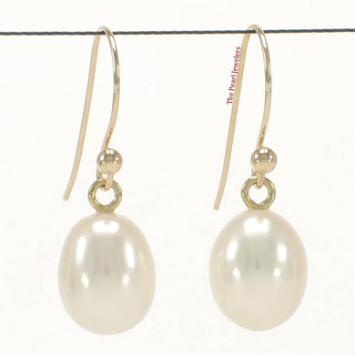 14K Yellow Gold White Pearl Fish Hook Dangle Earrings (7–8mm)