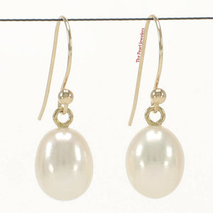 14K Yellow Gold White Pearl Fish Hook Dangle Earrings (7–8mm)