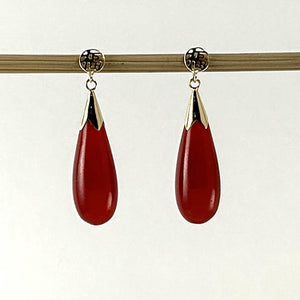 14K Yellow Gold Good Fortune Raindrop Red Jade Earrings