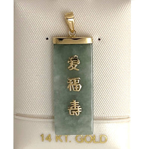 14k Yellow Gold Celadon Green Jade Good Fortune Pendant