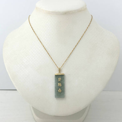 14k Yellow Gold Celadon Green Jade Good Fortune Pendant
