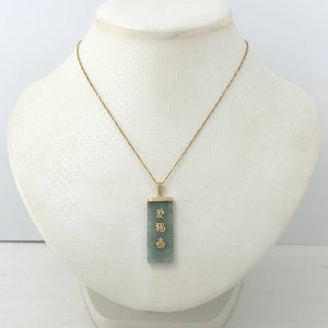 14k Yellow Gold Celadon Green Jade Good Fortune Pendant