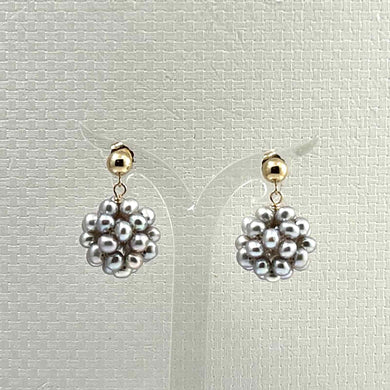 14K Yellow Gold Gray Pearl Ball Stud Dangle Earrings (15mm)