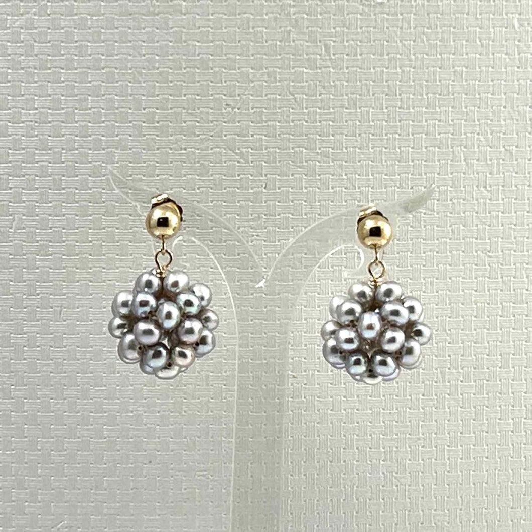 14K Yellow Gold Gray Pearl Ball Stud Dangle Earrings (15mm)