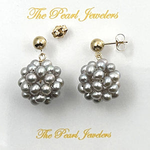 14K Yellow Gold Gray Pearl Ball Stud Dangle Earrings (15mm)