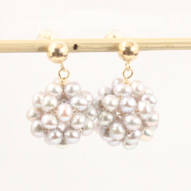 14K Yellow Gold Gray Pearl Ball Dangle Stud Earrings