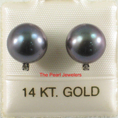 14K Yellow Gold Diamond Gray Cultured Pearl Stud Earrings (8.5–9mm)