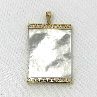 14k Yellow Gold Greek Key Mother of Pearl Board Pendant Necklace