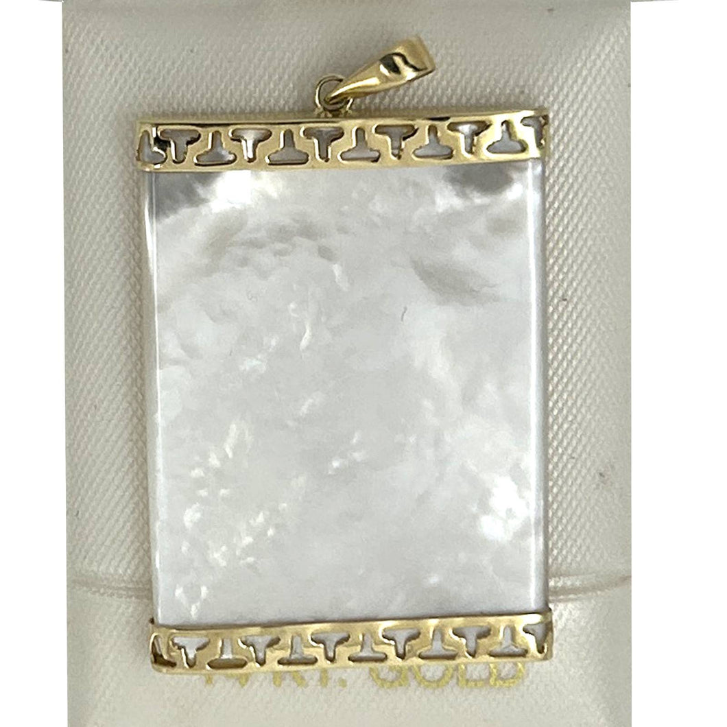 14k Yellow Gold Greek Key Mother of Pearl Board Pendant Necklace