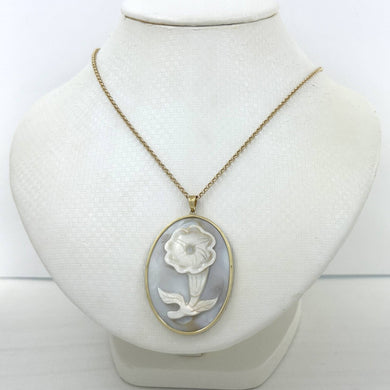 14k Yellow Gold Hand Carved Oval Mother of Pearl Pendant Necklace