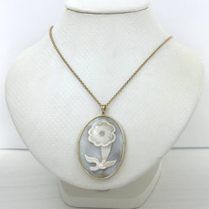 14k Yellow Gold Hand Carved Oval Mother of Pearl Pendant Necklace