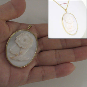 14k Yellow Gold Hand Carved Oval Mother of Pearl Pendant Necklace