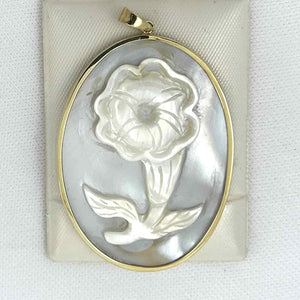 14k Yellow Gold Hand Carved Oval Mother of Pearl Pendant Necklace