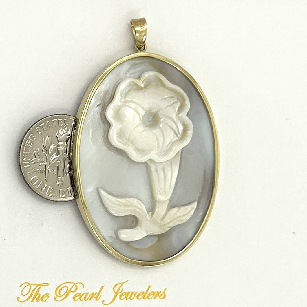 14k Yellow Gold Hand Carved Oval Mother of Pearl Pendant Necklace