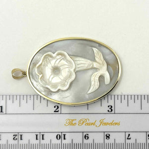 14k Yellow Gold Hand Carved Oval Mother of Pearl Pendant Necklace