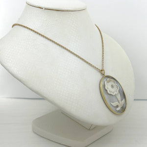 14k Yellow Gold Hand Carved Oval Mother of Pearl Pendant Necklace