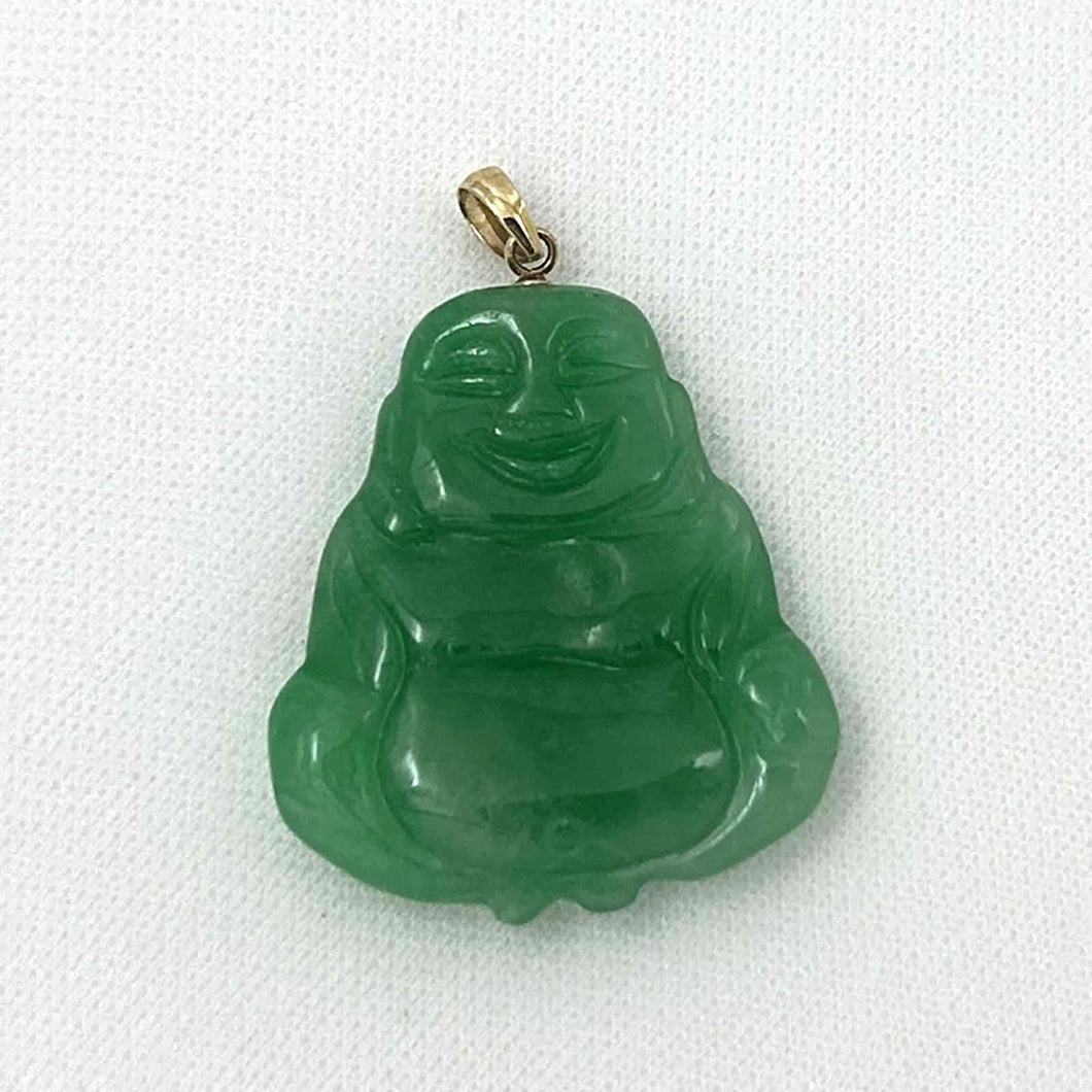 14k Yellow Gold Hand Carving Two Sides Green Jade Buddha Pendant