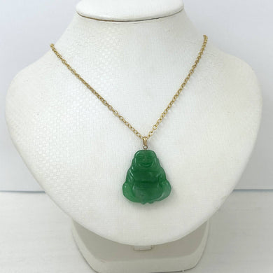 14k Yellow Gold Hand Carving Two Sides Green Jade Buddha Pendant