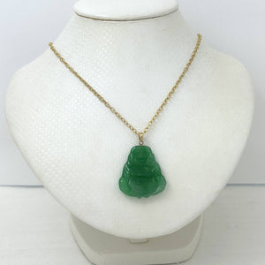 14k Yellow Gold Hand Carving Two Sides Green Jade Buddha Pendant