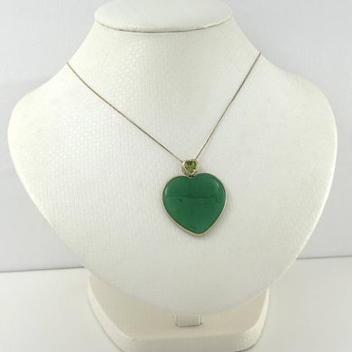 14k Yellow Solid Gold Heart in Love & Hearts Peridot Jade Pendant Necklace