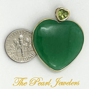 14k Yellow Solid Gold Heart in Love & Hearts Peridot Jade Pendant Necklace