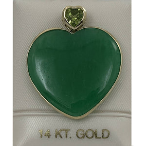 14k Yellow Solid Gold Heart in Love & Hearts Peridot Jade Pendant Necklace