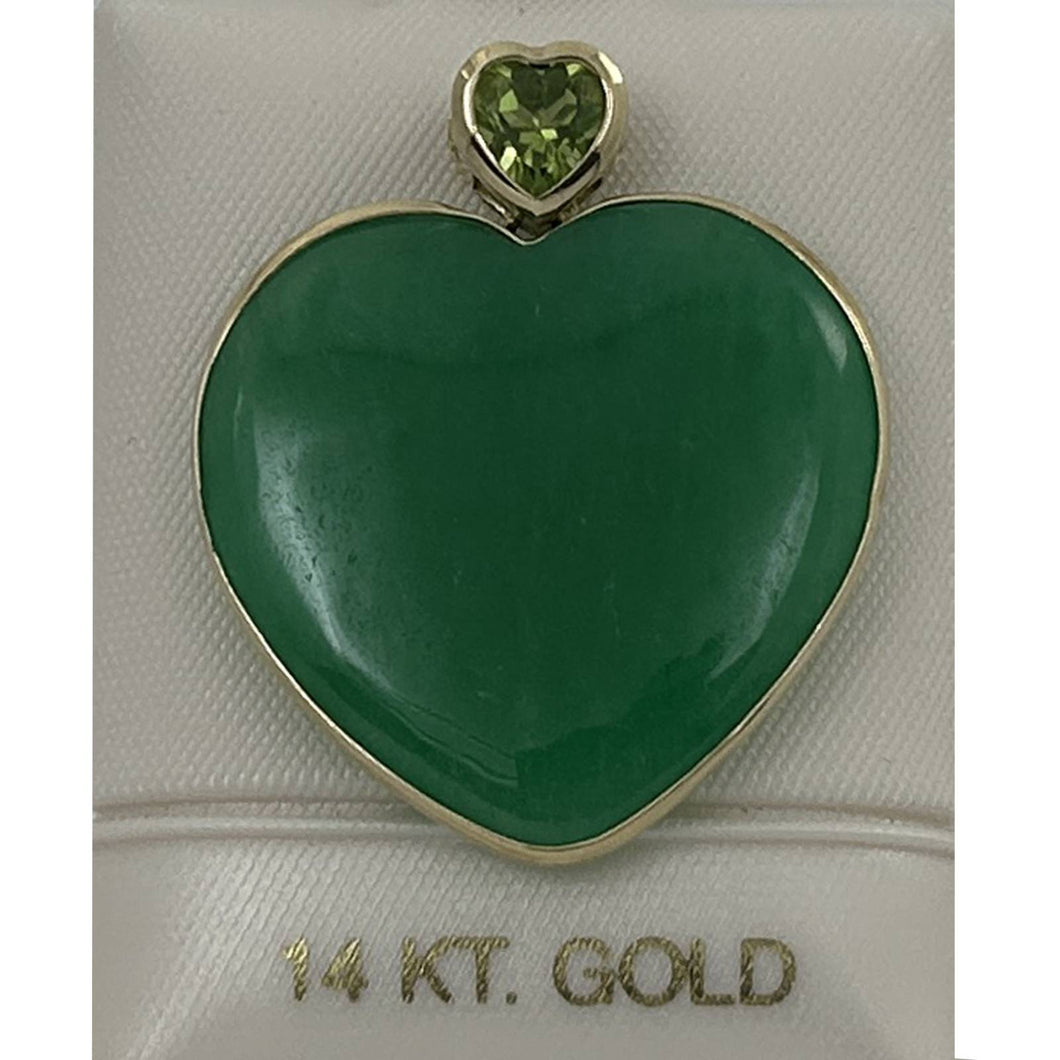 14k Yellow Solid Gold Heart in Love & Hearts Peridot Jade Pendant Necklace