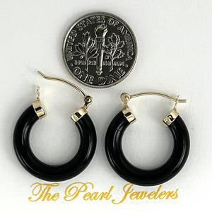 14K Yellow Gold Black Onyx Tube Hoop Earrings