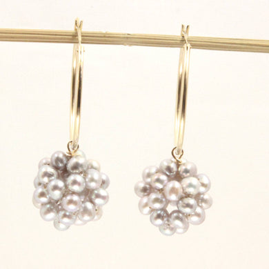 14K Yellow Gold Gray Pearl Ball Hoop Earrings (15mm)