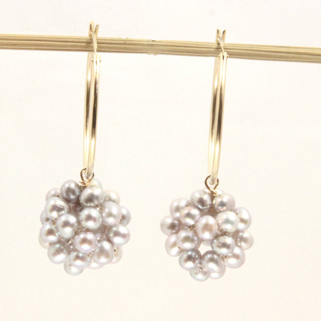14K Yellow Gold Gray Pearl Ball Hoop Earrings (15mm)